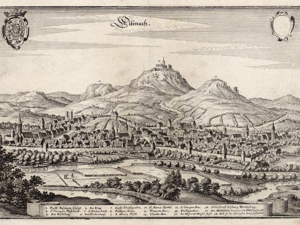 Eisenach mit der Wartburg in der Darstellung von Caspar Merian um 1650