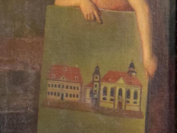 Stifterbild - Ausschnitt mit Agnuskirche und Pfarrhaus (April 2019)